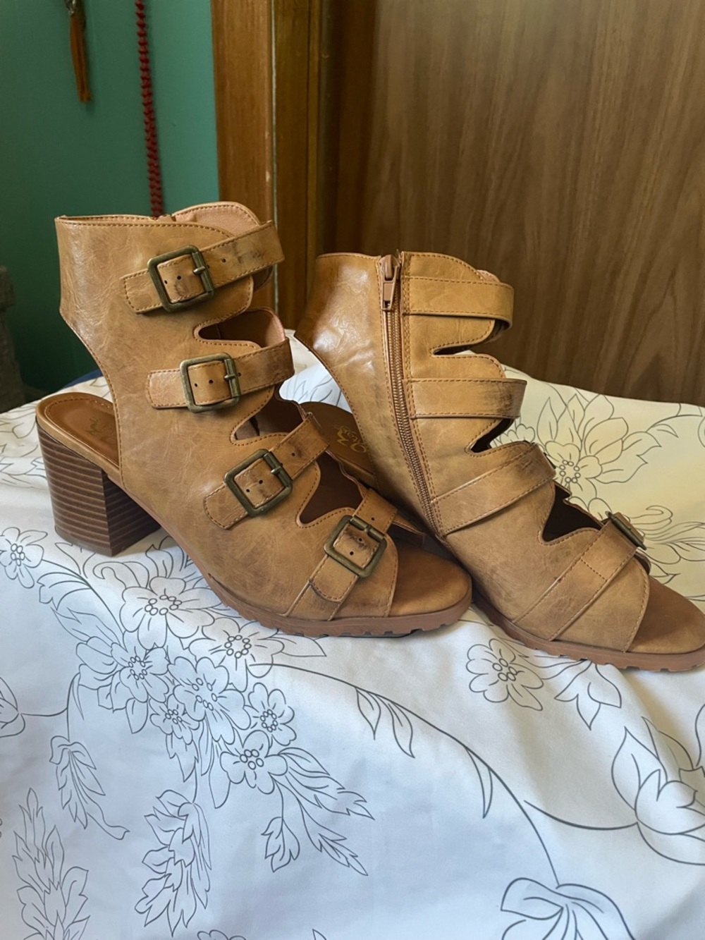 Buckle Cognac Leather Slide Block Heel Mules